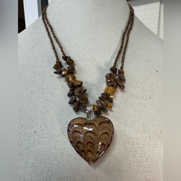 Large glass heart pendant necklace with polished tiger eye beads - Picture 1 of 6